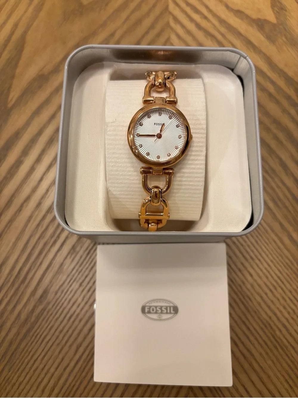 NEW with tags: Fossil Gold-Tone Link Bracelet Watch with White Dial